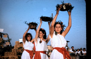 Dancing girls at the first fruits in 1951 in Kibbutz Givat Haim, Israel, c. 1951