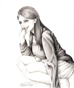 A girl, smiling, in thought